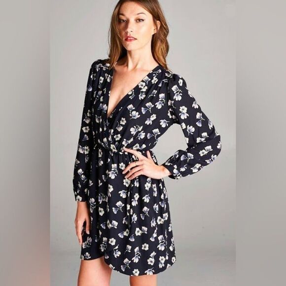 Anthropologie Sugar + Lips Blue Floral Wrap Jumpsuit with Bishop Sleeves - Picture 1 of 7